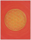 07 Postkarte: Goldfarbene "Blume des Lebens" auf rotem Hintergrund (radial)