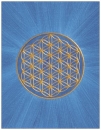 13 Postkarte: Goldfarbene "Blume des Lebens" auf blauem Hintergrund (strahlend zulaufend)