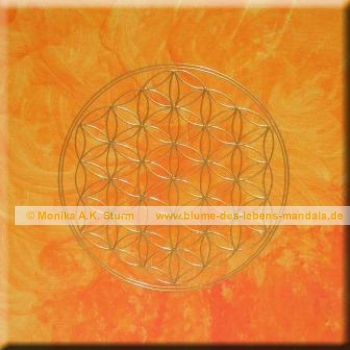 Druck auf Leinwand 04 --- Dankbarkeit --- Strahlende Blume des Lebens auf orangefarbenem Hintergrund