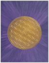 09 Postkarte: Goldfarbene "Blume des Lebens" auf violettem Hintergrund (strahlend zulaufend)